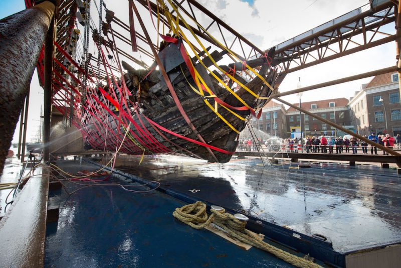 The wooden, flat-bottomed ship was first discovered in 2012 while a national organization was carrying out investigations to preserve water safety in the Dutch river.  Credit: Rijkswaterstaat, the Netherlands