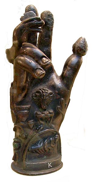 Bronze hand used in the worship of Sabazios (British Museum). Roman 1st-2nd century CE. Hands decorated with religious symbols were designed to stand in sanctuaries or, like this one, were attached to poles for processional use. Another similar bronze hand found in the 16th/17th century in Tournai, Belgium, is also in the British Museum. source
