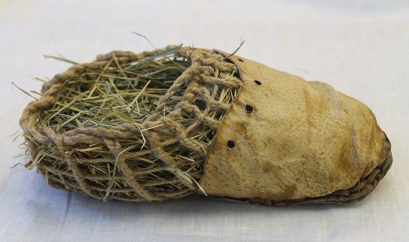 Replica of about 5000 years old Ötzi - The Iceman footwear found in Alpes. Historians were surprised by their apparent lack of sophistication and they're resemblance to birds nests with a bit of bear. 
