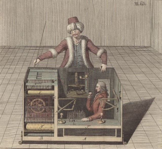 Other parts of the machinery allowed for a clockwork-type sound to be played when the Turk made a move, further adding to the machinery illusion, and for the Turk to make various facial expressions.[17] A voice box was added following the Turk’s acquisition by Mälzel, allowing the machine to say “Échec!” (French for “check”) during matches. source