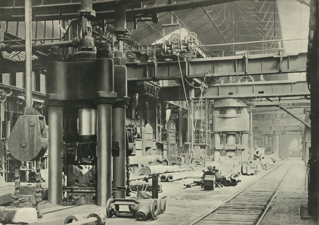 Hydraulic forging presses in a bay at the Elswick Steel Works.
