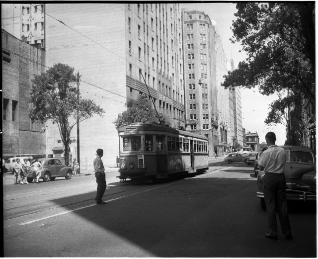 Last day of trams, covered in graffiti, Rural Bank tram stop, corner Martin Place and Elizabeth Street, Sydney, 25 February 1961 / unknown photographer.