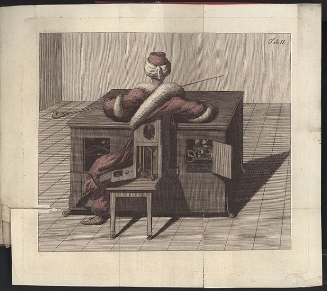 From a book that tried to explain the illusions behind the Kempelen chess playing automaton, 1789. source