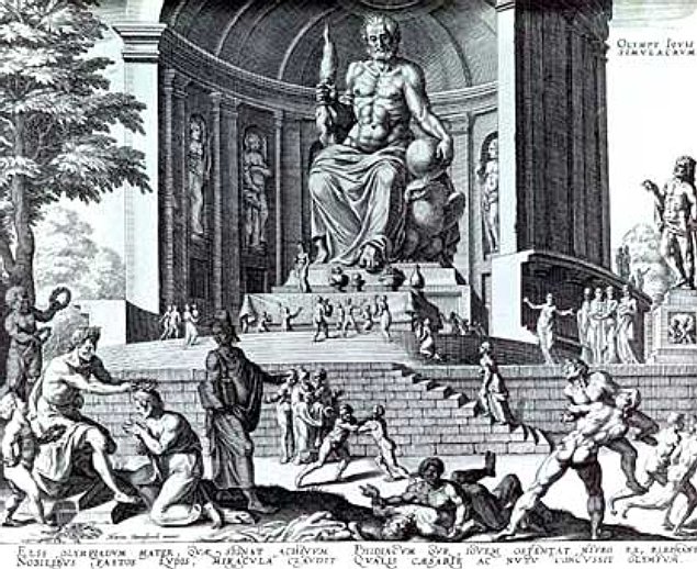 A fanciful reconstruction of Phidias' statue of Zeus, in an engraving made by Philippe Galle.Source