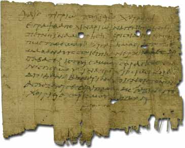 A private letter on papyrus from Oxyrhynchus, written in a Greek hand of the second century AD. The holes are caused by worms.[