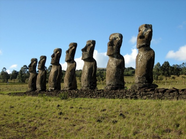 Ahu Akivi, one of the few inland ahu, with the only moai facing the ocean.Source