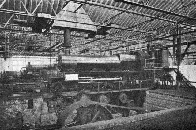 An early GWR Saint class, in the period when these were taper-boilered 4-4-2 Atlantics (1905–12), in the testing shop.Source