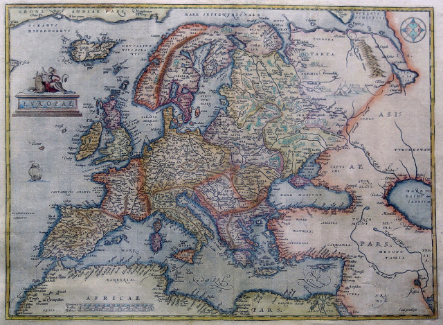 Ancient map of Europe dated 1595, showing the island of Hy-Brasil. source