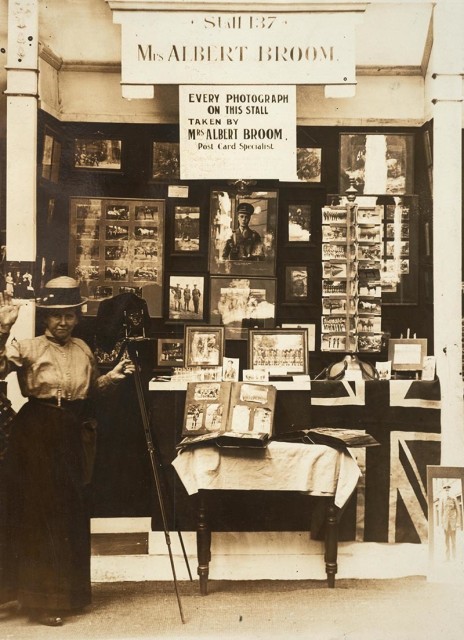 Christina Broom with her stall at the Women’s War Work Exhibition, Princes’ Skating Rink, Knightsbridge, 1916.