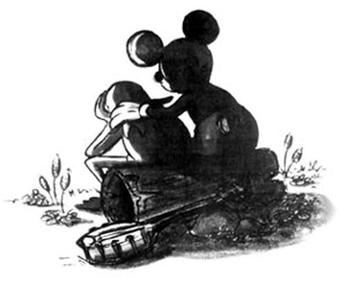 Disney artists Joe Lanzisero and Tim Kirk drew this tribute of Mickey Mouse consoling Kermit the Frog, which appeared in the Summer 1990 issue of WD Eye, Walt Disney Imagineering' Source