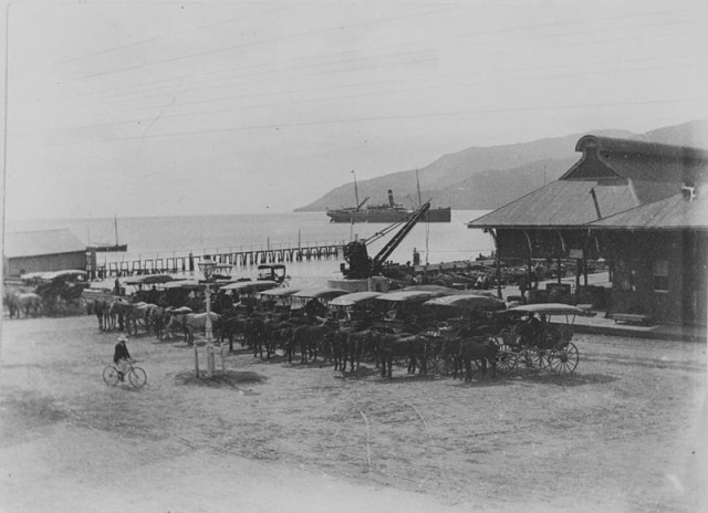 Horsedrawn cabs at Cairns wharf, ca. 1912. A steamship is anchored offshore. source