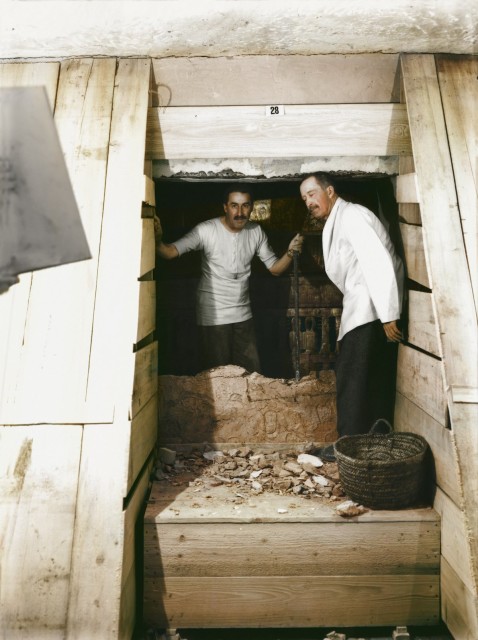 One of only two images showing Howard Carter (on the left) and Lord Carnarvon together in the tomb