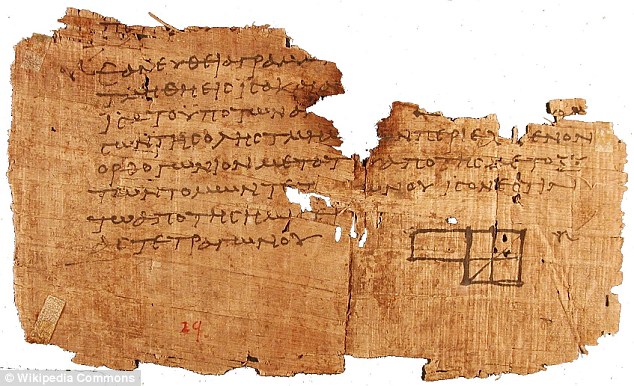 This papyrus is an example of texts found at Oxyrhynchus and features Euclid's Elements of Geometry.