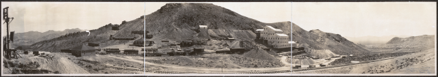 Three-panel panorama of the Montgomery Shoshone Mine & Mill complex, main facility; near Rhyolite, Nevada.Source