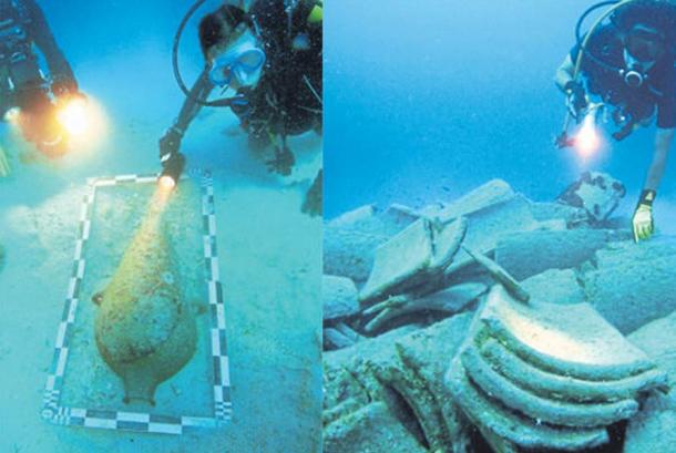 Underwater archaeologists examine objects found around the wreck -Yeni Asir