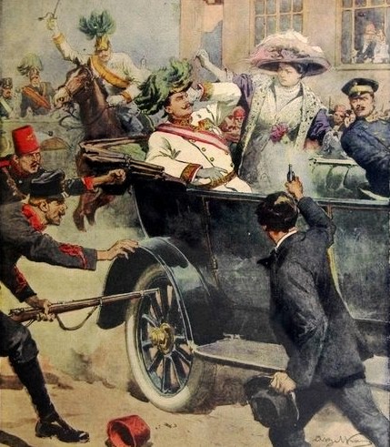 drawing of Achille Beltrame depicting Gavrilo Princip killing Archduke Francis Ferdinand of Austria in Sarajevo.Source