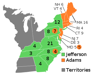 Presidential election results map. Green denotes states won by Jefferson, orange denotes states won by Adams, and gray denotes non voting territories. Numbers indicate the number of electoral votes allotted to each state.SOurce