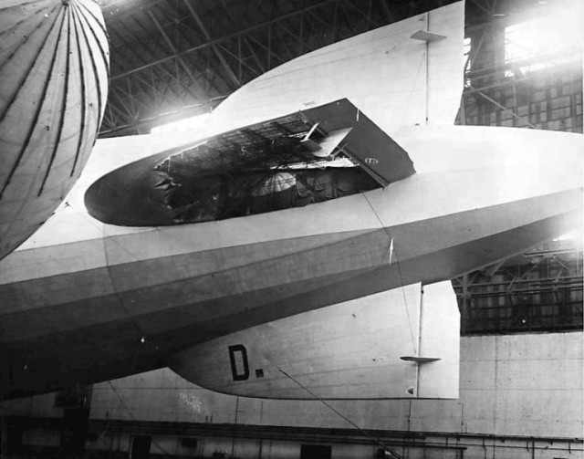 Photo of the damaged left horizontal fin of the Graf Zeppelin while in the hangar at Lakehurst, New Jersey. The aircraft sustained the damage while passing through a squall line near Bermuda on its way to the United States. This was the Graf Zeppelin's first transatlantic flight. source