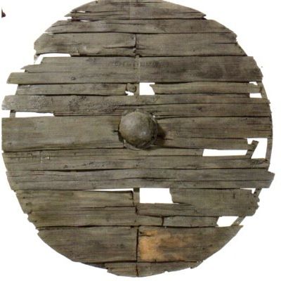 Viking round shield: The sagas specifically mention linden wood for shield construction, although finds from graves shows mostly other timbers, such as fir, alder and poplar. These timbers are not very dense and are light in the hand. The size was usually 75 – 90 cm in diameter. (9th-century wooden shield). source