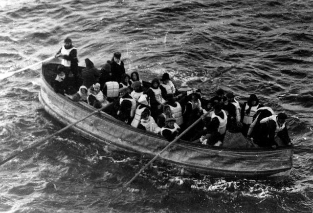 Partially flooded with ice-cold seawater, the Titanic's Collapsible Boat D approaches RMS Carpathia at 7:15 a. on 15 April 1912. source