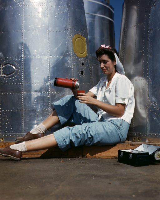 A Douglas Aircraft Company employee on her lunch break at the plant in Long Beach, California.