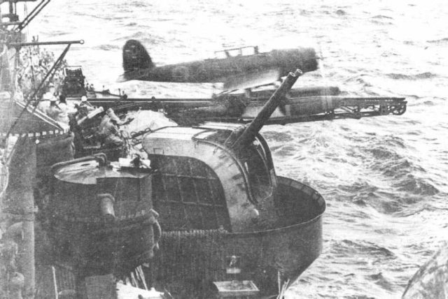 A Type 0 three-seat reconnaissance seaplane (Aichi E13A) was being launched from the port catapult (Type № 2 Model 5) japanese heavy cruiser Ashigara. Java Sea, May 1943.Source
