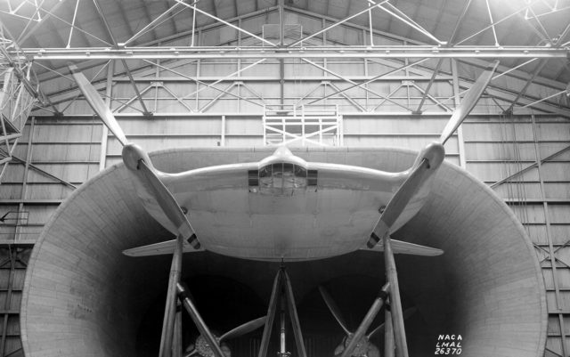 A prototype Vought-Sikorsky V-173 airplane mounted in the Full Scale Wind Tunnel.