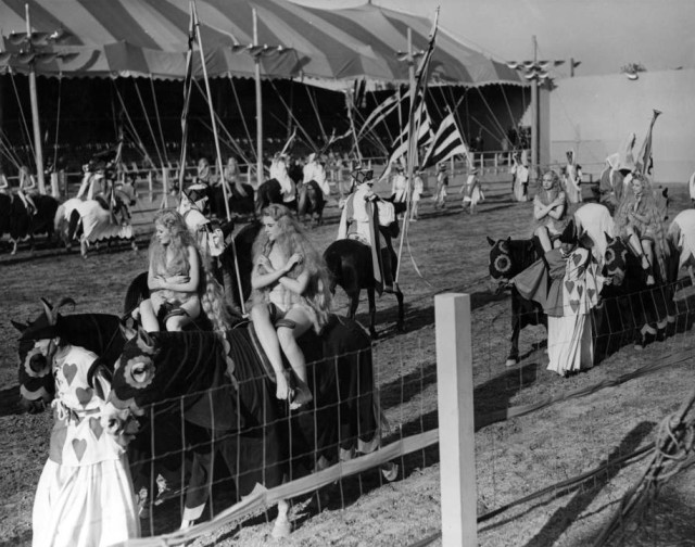 Lady Godivas wait for their entrance during the Cavalcade of Centaurs show