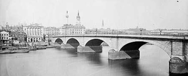 London Bridge in about 1870 when it crossed the River Thames in London. source