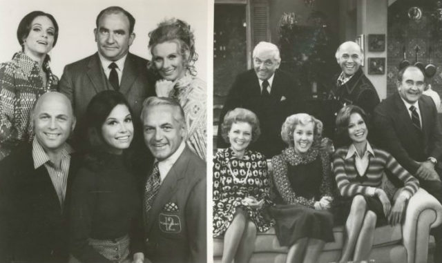Publicity photo of the cast of The Mary Tyler Moore Show picturing cast members from its first program in 1970 to its last in 1977. Source