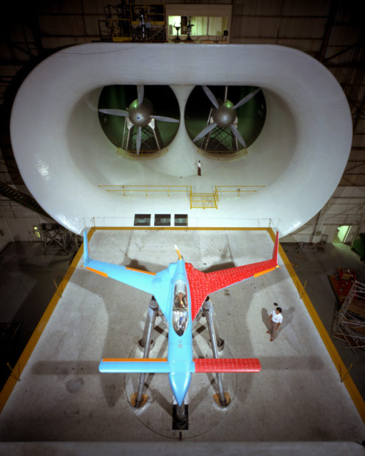 The Rutan Model 33 VariEze was built by the Model and Composites Section of Langley Research Center and then tested in the 30 x 60 Full Scale Tunnel. The craft was not built for flight, but did have an electric motor installed to drive the propeller as part of its aerodynamics study in the Tunnel.