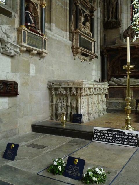 The wider context of the memorial, above the graves of Shakespeare and his wife.Source