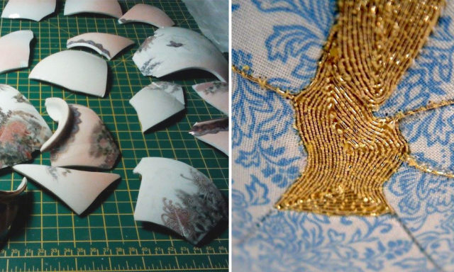Artist uses embroidery and Japanese technique to repair broken vases