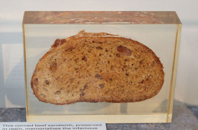 50-year-old corned beef sandwich, preserved in resin, sits on a table at the Virgil I. Gus Grissom Memorial Museum in Mitchell, Indiana. The ordinary-looking sandwich is a memento from space. In 1965, a young astronaut named John Young snuck the sandwich into his space suit shortly before the launch of Gemini 3, NASA's first two-man space mission. source