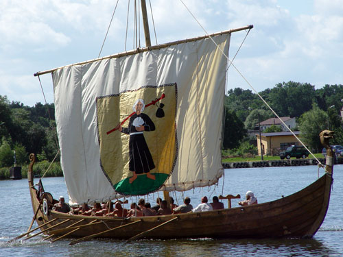 A modern replica of a Viking ship. This ship is of the Snekkja longship type.