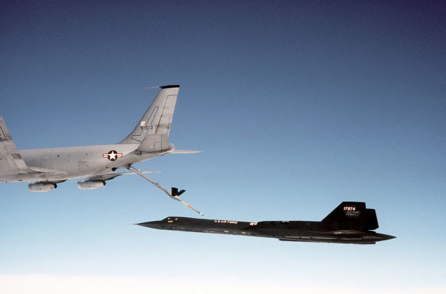 An SR-71 refueling from a KC-135Q Stratotanker during a flight in 1983 Source