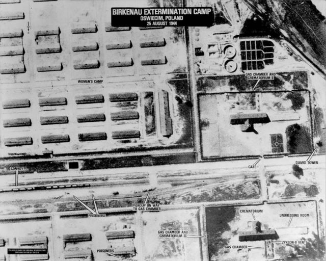 An aerial photo of Auschwitz concentration camp shows a recently arrived transport on the rail spur that terminated in the camp, which was built in May 1944.source