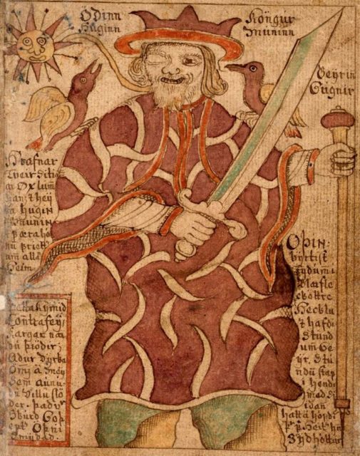 An illustration from an 18th-century Icelandic manuscript depicting Huginn and Muninn sitting on the shoulders of Odin