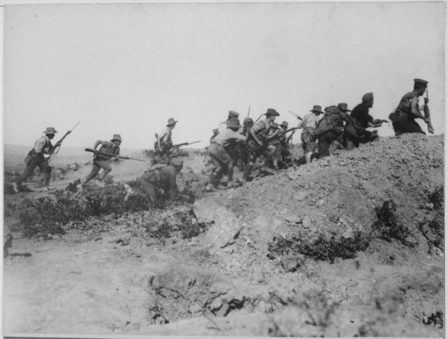 Australian troops charging an Ottoman trench, just before the evacuation at Anzac Source