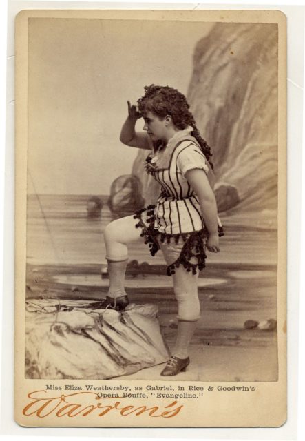 Eliza Weathersby, as Gabriel, in Rice & Goodwin's opera bouffe, Evangeline, probably during a performance at Boston Museum, 1877.