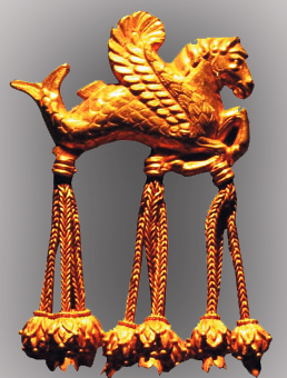 Gold brooch in the shape of a winged seahorse