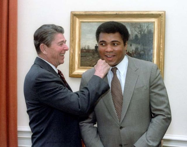 President Reagan “punching” Muhammad Ali in the oval office, 1983.