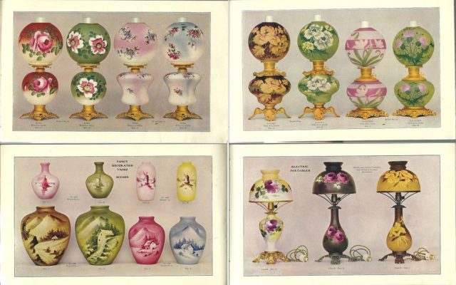 Some Fostoria oil and electric lamps and hand-decorated vases, 1904. Source