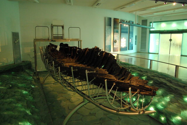The boat on display in its special climatised museum hall Source