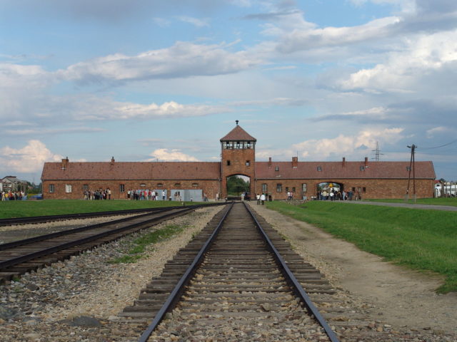 The main gate at the former German Nazi death camp of Auschwitz II (Birkenau