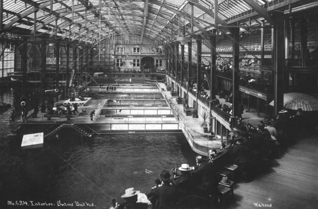This is an old image of the Sutro Baths from when they were still standing.Source