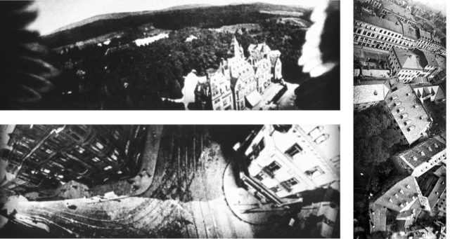 Top left Aerial photographs of Schlosshotel Kronberg. Bottom left and center Frankfurt. Source