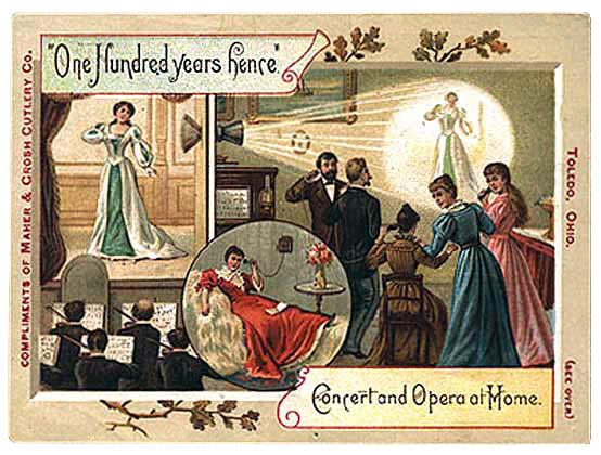 Victorian Trade Card believed to be the first colour lithograph to show the concept of television. Source