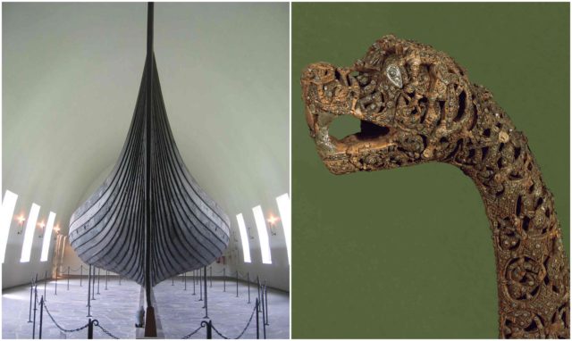 The Gokstad ship, on display at the Viking Ship Museum in Oslo, Norway and Oseberg ship head post