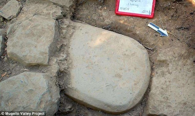 The slab (pictured) was discovered in the foundations of a monumental temple where it had been buried for more than 2,500 years. SOurce Mugello Valley Archaeological Project 